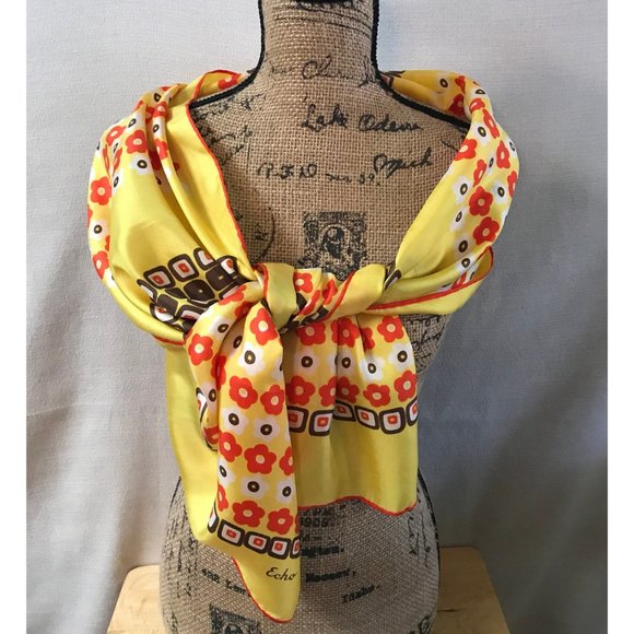 Vintage Echo Yellow Flower Power  100% Silk Scarf - Picture 2 of 6